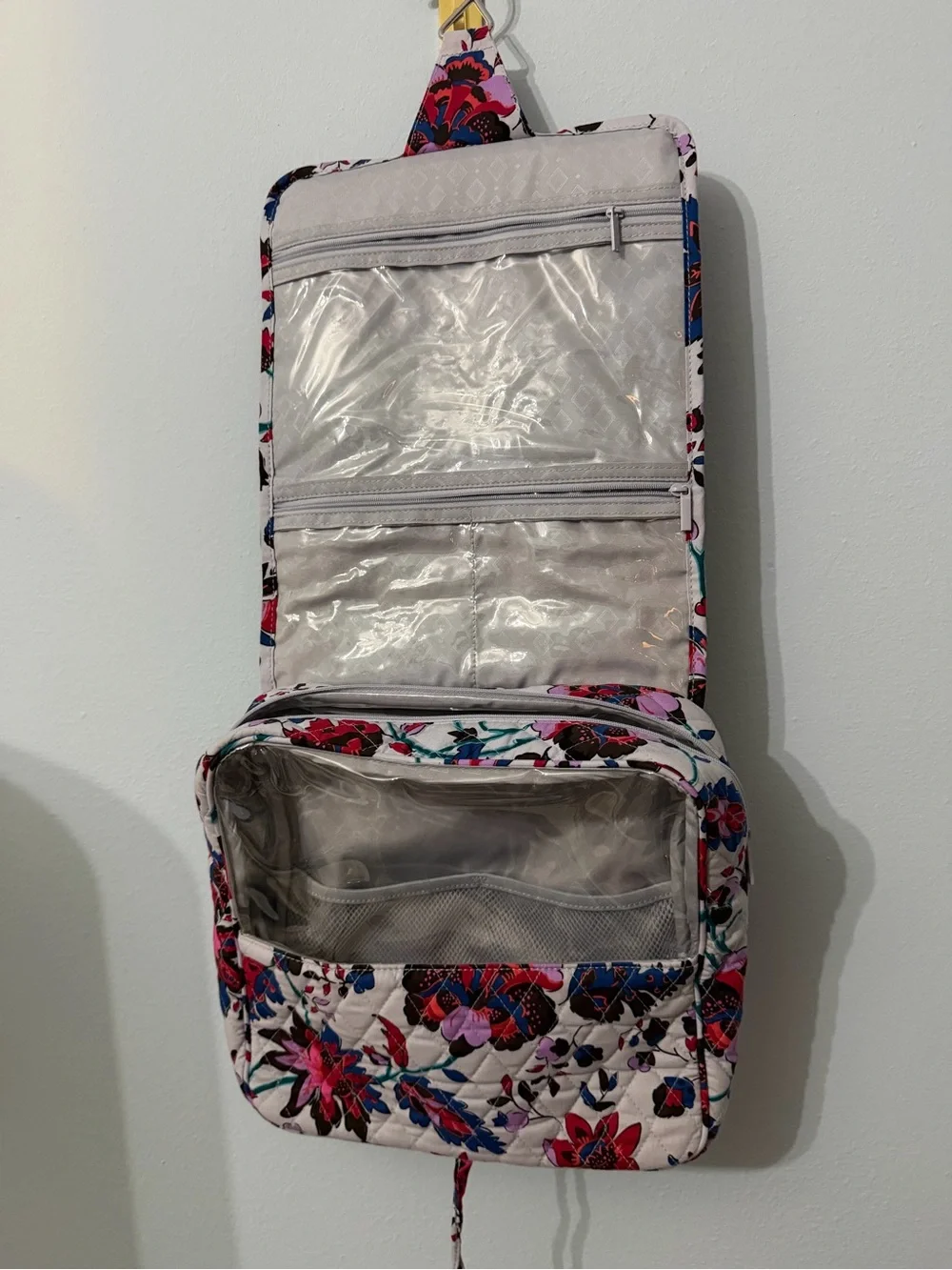 aerie Quilted Hanging Floral Cosmetic Bag - White with Pink & Blue Accents